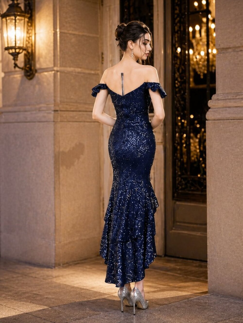 Sequin Prom Dress High Low Off Shoulder Evening Gown Royal Blue Slit - Picture 3 of 12